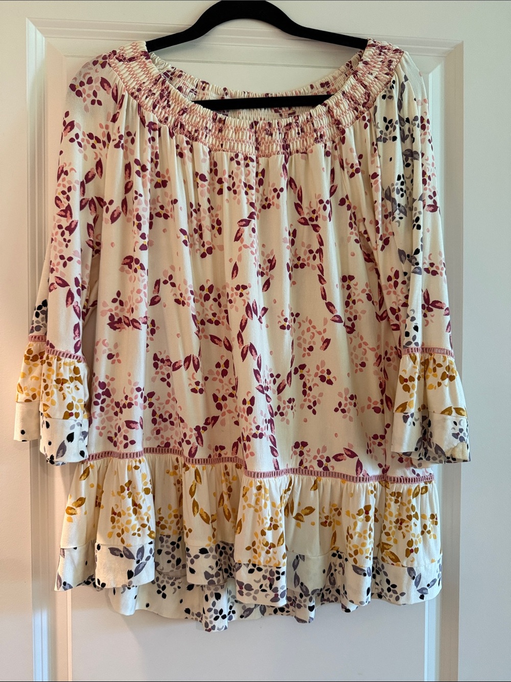 Boho Floral Off Shoulder Ruffle Tunic - Cream with Burgundy & Mustard by Fever